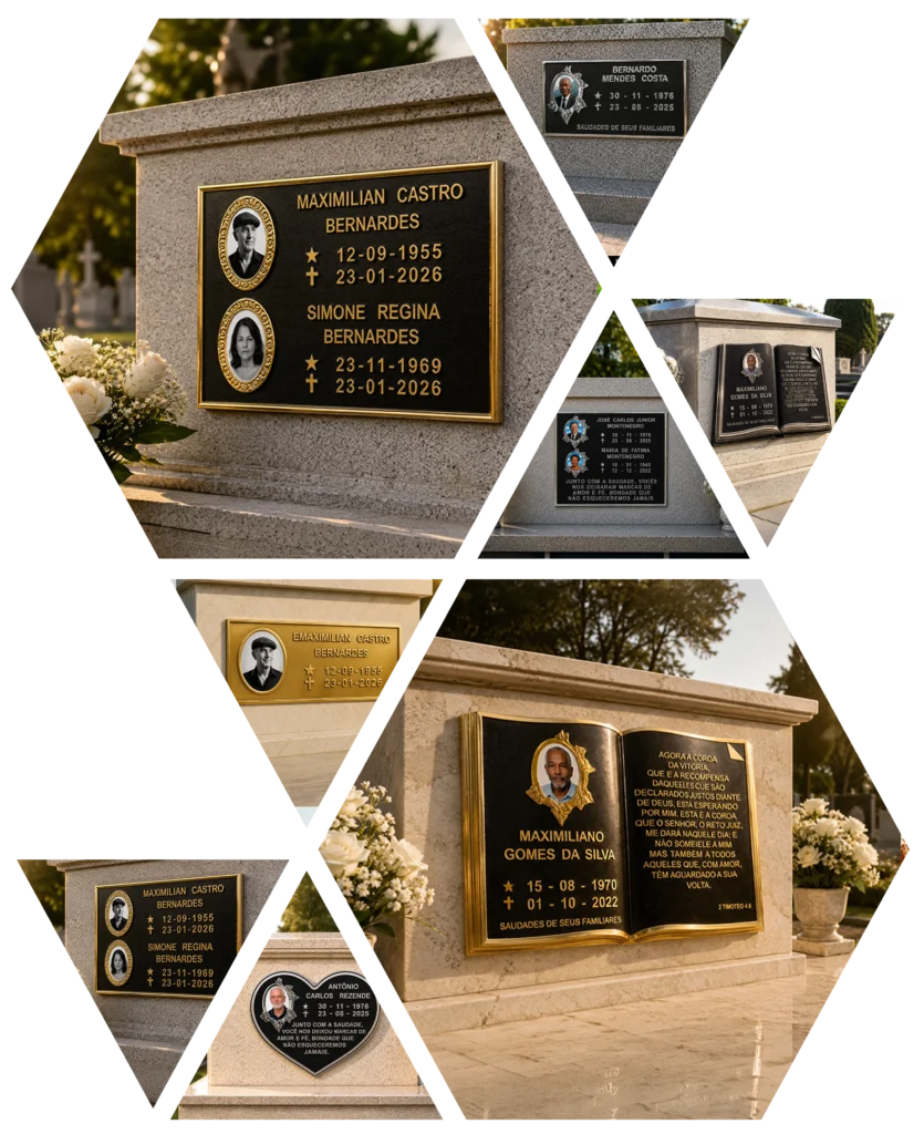 Placas de bronze e alumínio da Arca Fundição aplicadas em túmulos